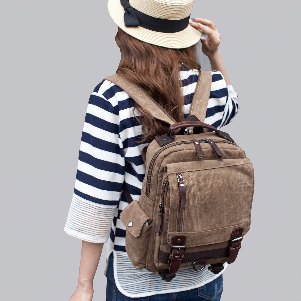 Petit Sac à Dos de Voyage Vintage Femme en Tissu Rétro Bleu Marine – vue 2 – Yokabag