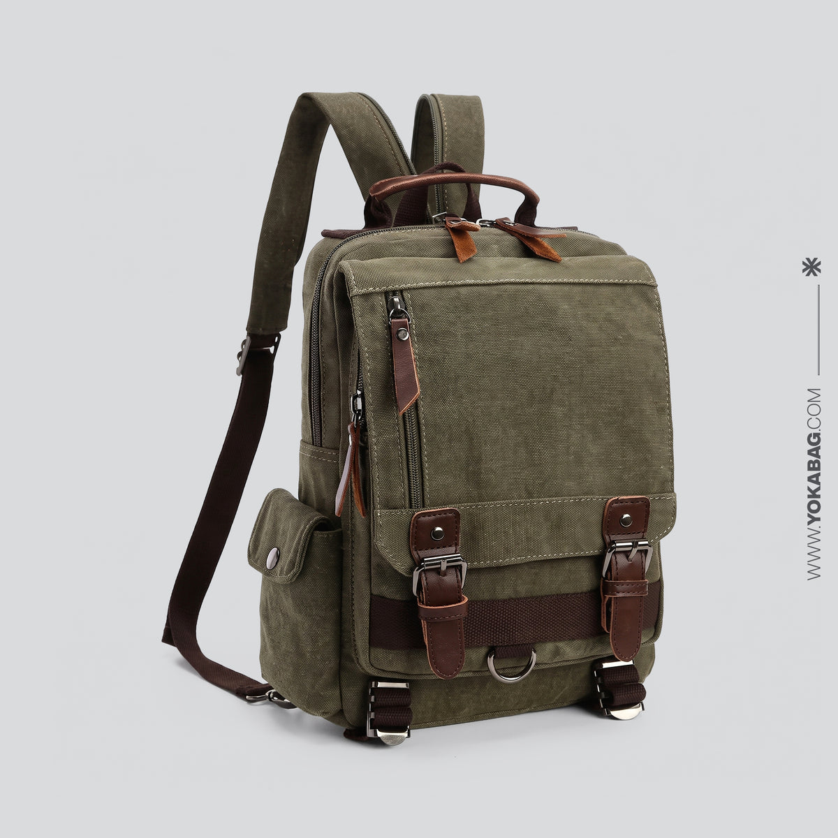 Petit Sac à Dos de Voyage Vintage Femme en Tissu Rétro Kaki – vue 5 – Yokabag