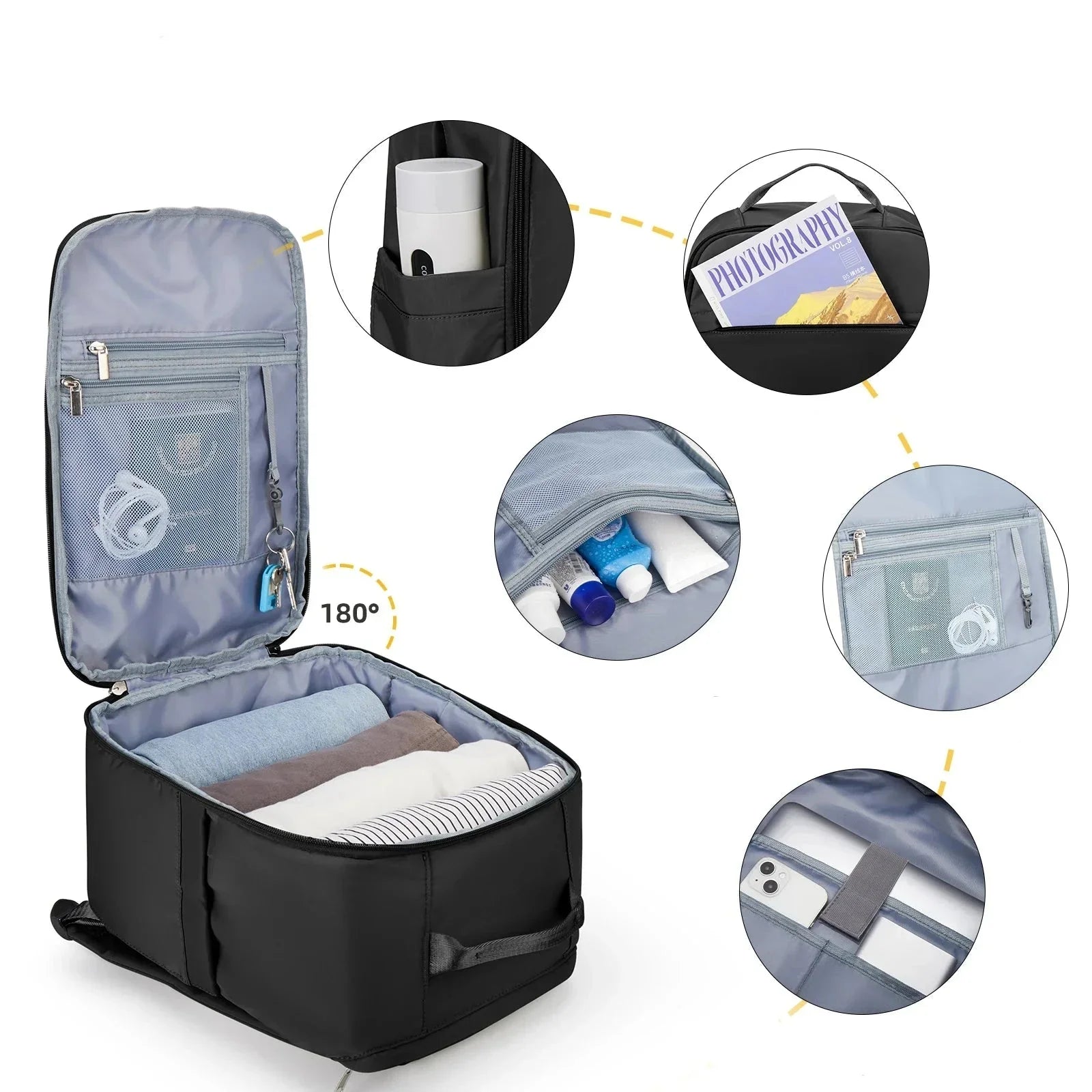 Sac à Dos de Voyage Cabine Pratique (45x36x20 & 40x20x25) Noir – vue 3 – Yokabag