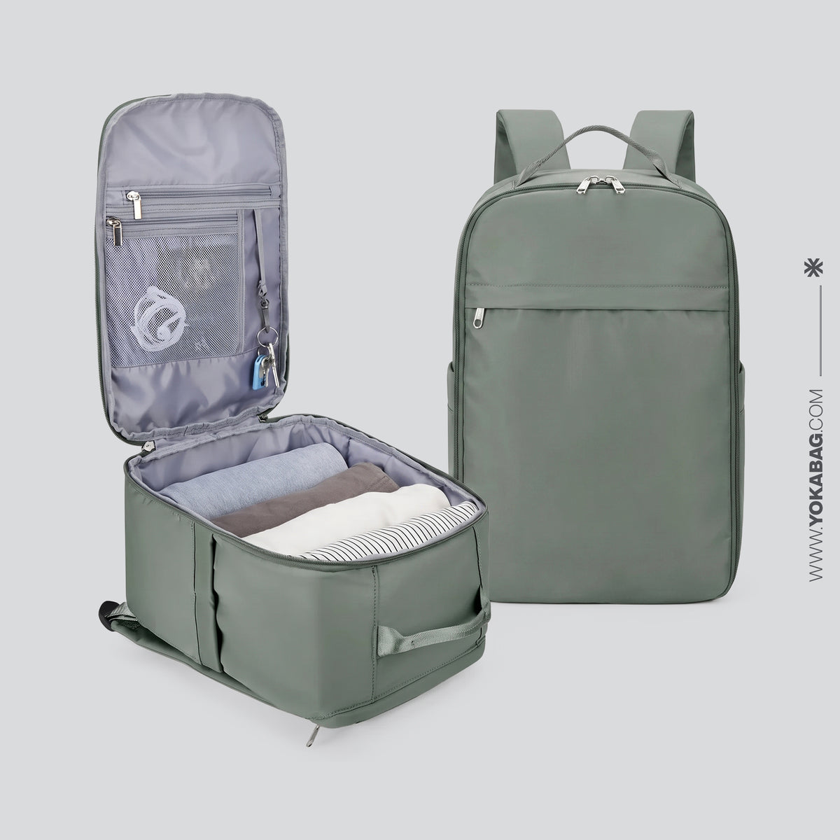 Sac à Dos de Voyage Cabine Pratique (45x36x20 & 40x20x25) Vert – vue 9 – Yokabag