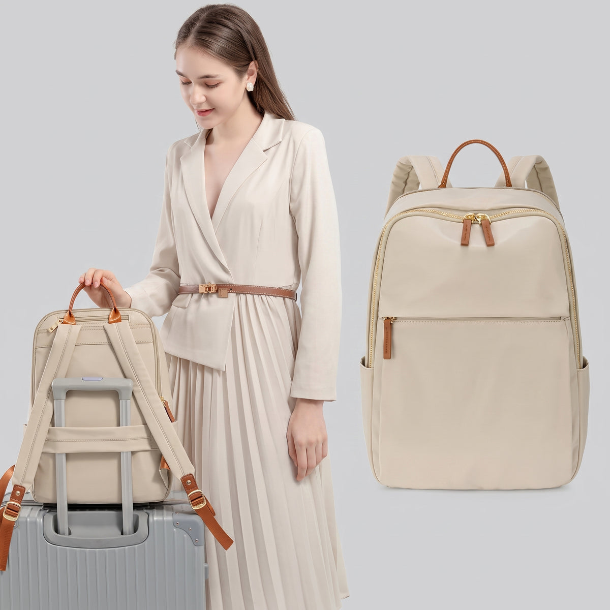 Sac à Dos Ordinateur Femme - pour Voyages (14/16 Pouces) Beige – vue 2 – Yokabag