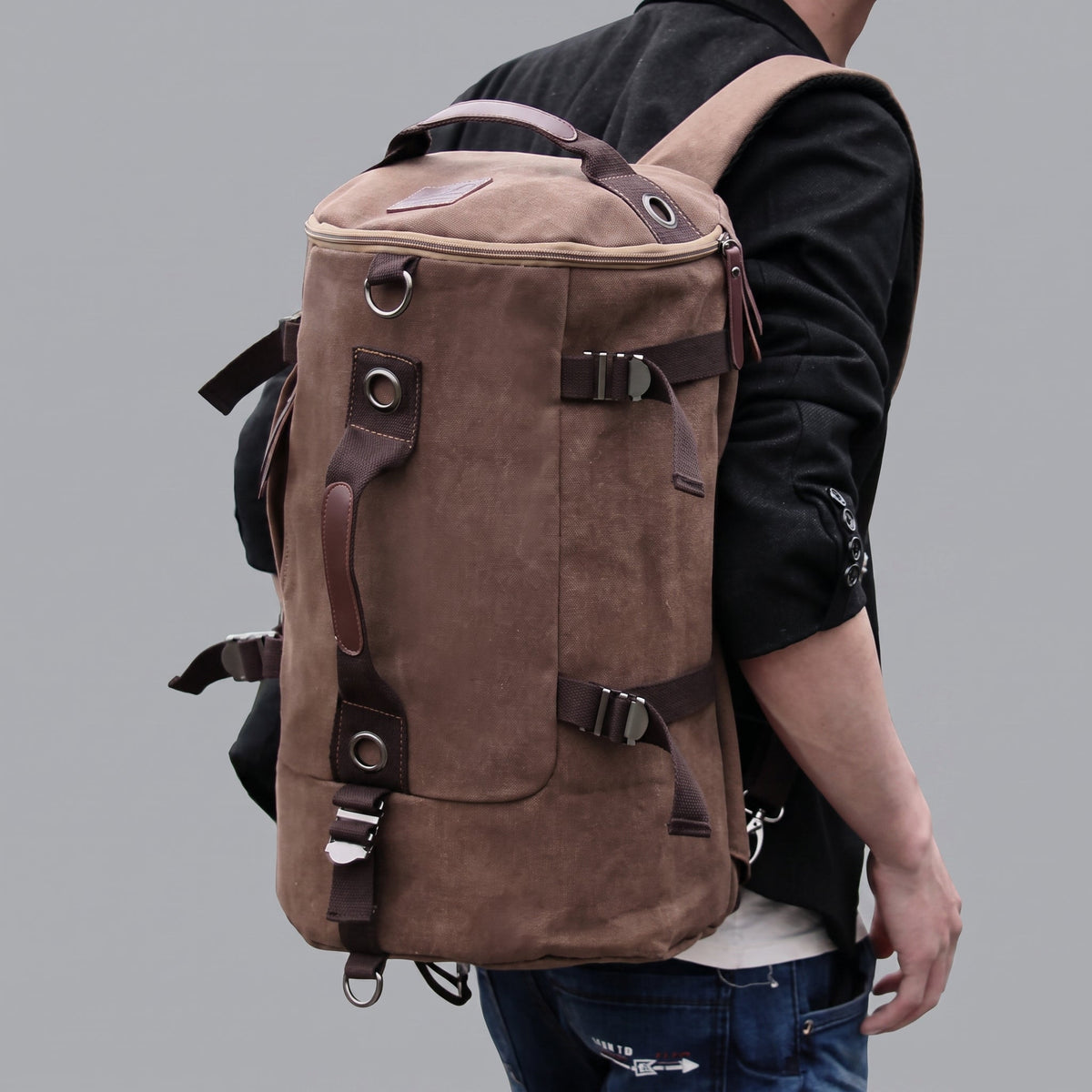 Sac à Dos Vintage Toile Canvas Convertible en Voyage Gris – vue 7 – Yokabag