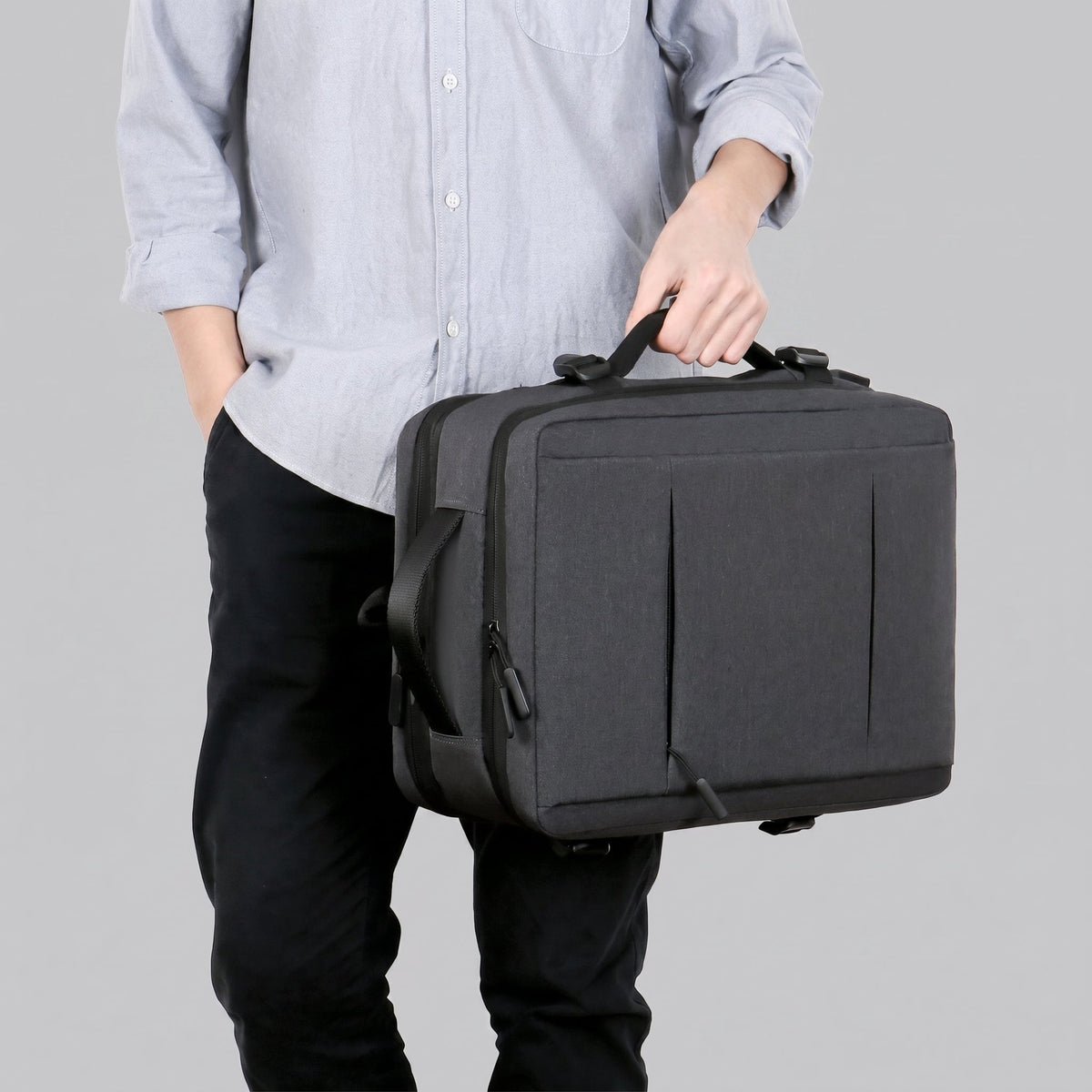 Sac à Dos Voyage Cabine Avion Extensible avec USB Gris – vue 3 – Yokabag