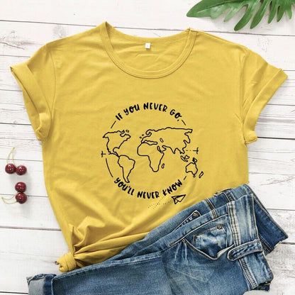 T-Shirt Voyage Femme - If You Never Go, You'll Never Know Rose – vue 4 – Yokabag