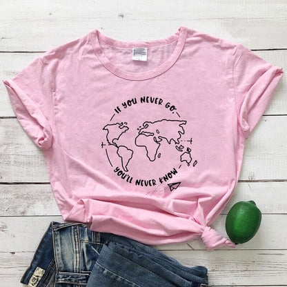 T-Shirt Voyage Femme - If You Never Go, You'll Never Know Rose – vue 5 – Yokabag