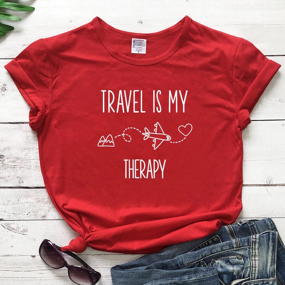T-Shirt Voyager en Avion Pour Femme - Travel Is My Therapy Rose – vue 10 – Yokabag